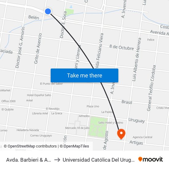 Avda. Barbieri & Asencio to Universidad Católica Del Uruguay, Salto map