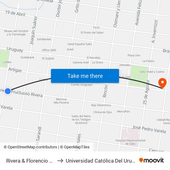 Rivera & Florencio Sánchez to Universidad Católica Del Uruguay, Salto map