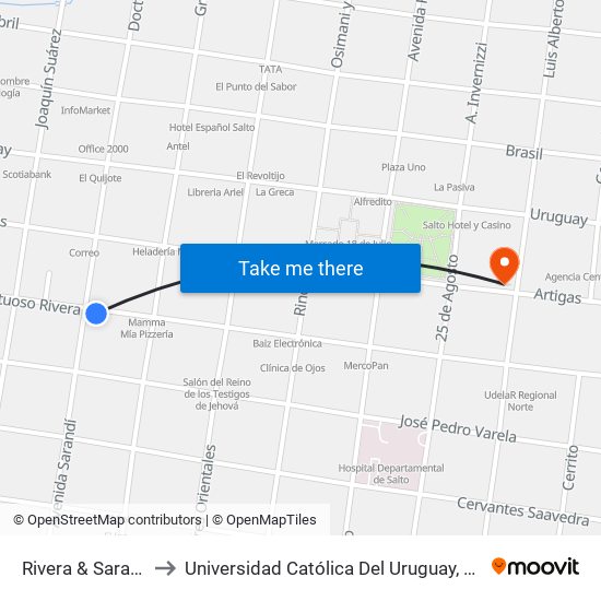 Rivera & Sarandí to Universidad Católica Del Uruguay, Salto map