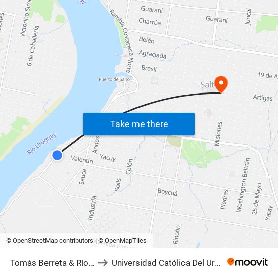 Tomás Berreta & Río Uruguay to Universidad Católica Del Uruguay, Salto map