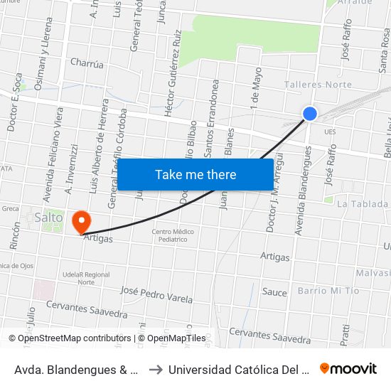 Avda. Blandengues & Diego Lamas to Universidad Católica Del Uruguay, Salto map