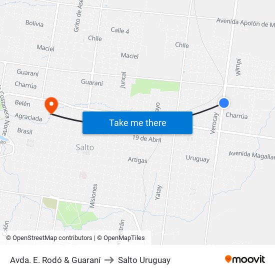Avda. E. Rodó & Guaraní to Salto Uruguay map