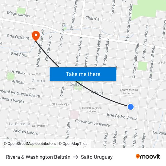 Rivera & Washington Beltrán to Salto Uruguay map