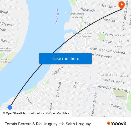 Tomás Berreta & Río Uruguay to Salto Uruguay map