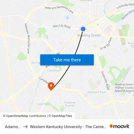 Adams @ 11th to Western Kentucky University - The Center for Research & Development map