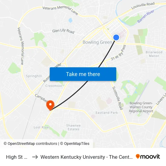 High St @ 5th Ave to Western Kentucky University - The Center for Research & Development map
