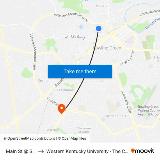 Main St @ Salvation Army to Western Kentucky University - The Center for Research & Development map