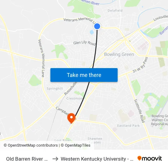 Old Barren River Rd @ Veterans Memorial to Western Kentucky University - The Center for Research & Development map