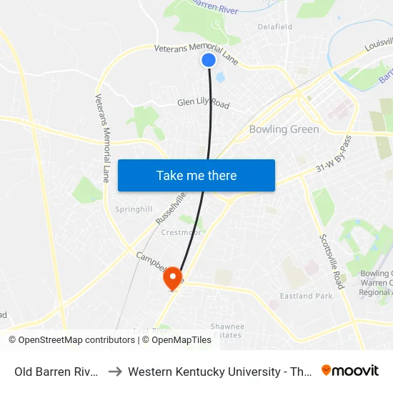 Old Barren River Rd @ Abel Court to Western Kentucky University - The Center for Research & Development map