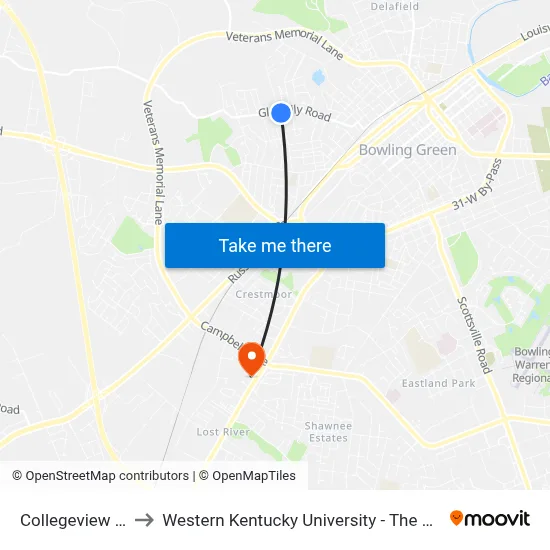 Collegeview @ Glen Lily Rd to Western Kentucky University - The Center for Research & Development map