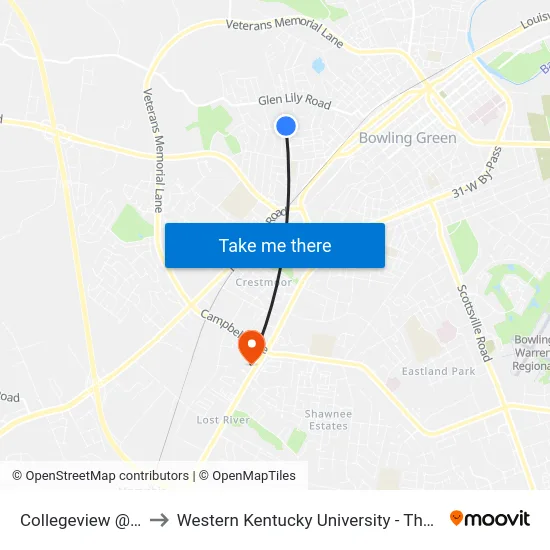 Collegeview @ Strathmoor Drive to Western Kentucky University - The Center for Research & Development map