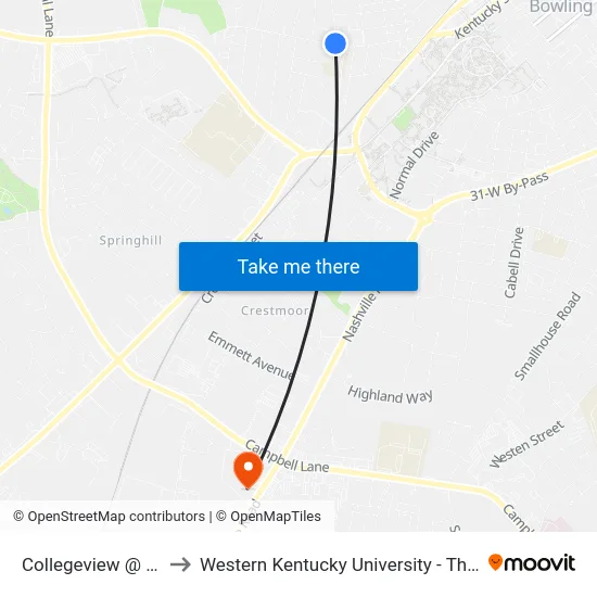 Collegeview @ Old Morgantown Rd to Western Kentucky University - The Center for Research & Development map