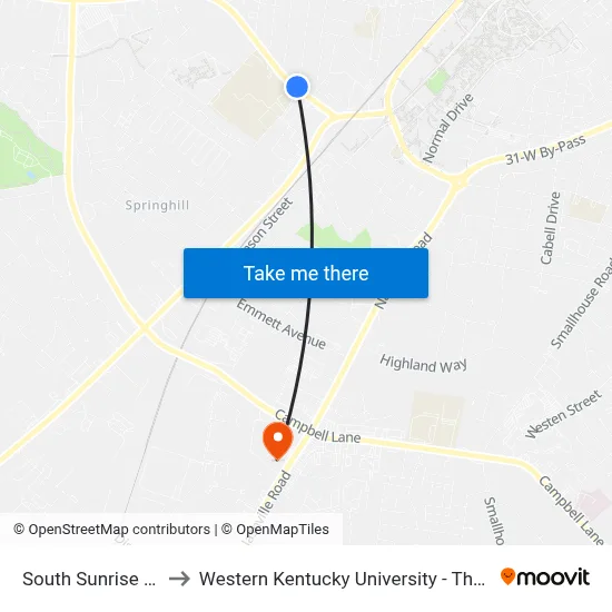 South Sunrise @ Morgantown Rd to Western Kentucky University - The Center for Research & Development map