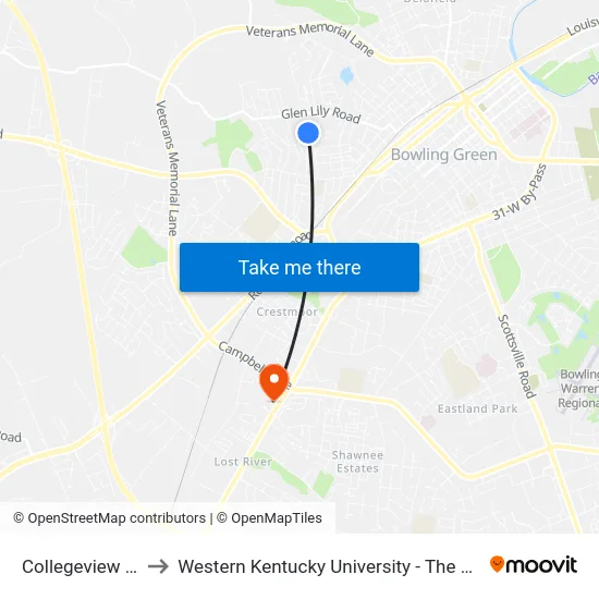 Collegeview @ Auburn Way to Western Kentucky University - The Center for Research & Development map