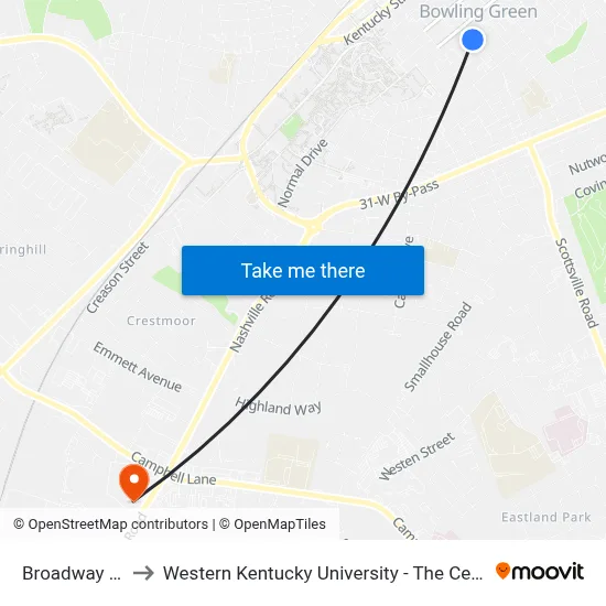 Broadway @ Chestnut to Western Kentucky University - The Center for Research & Development map