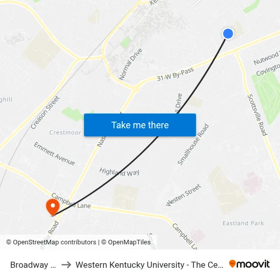 Broadway @ Indianola to Western Kentucky University - The Center for Research & Development map