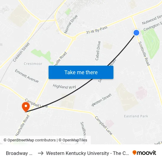 Broadway @ Smallhouse to Western Kentucky University - The Center for Research & Development map