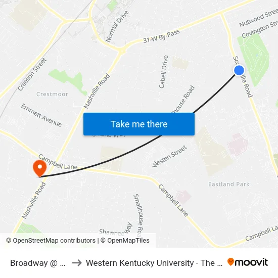 Broadway @ New Life Church to Western Kentucky University - The Center for Research & Development map