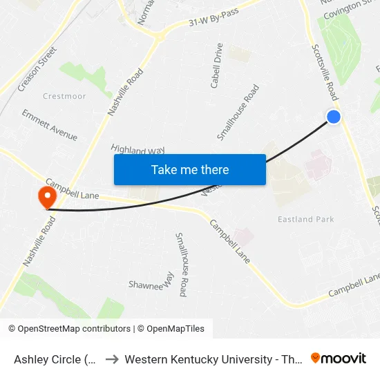Ashley Circle (By Ford's Furniture) to Western Kentucky University - The Center for Research & Development map