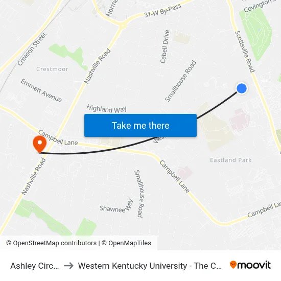 Ashley Circle @ Westen to Western Kentucky University - The Center for Research & Development map