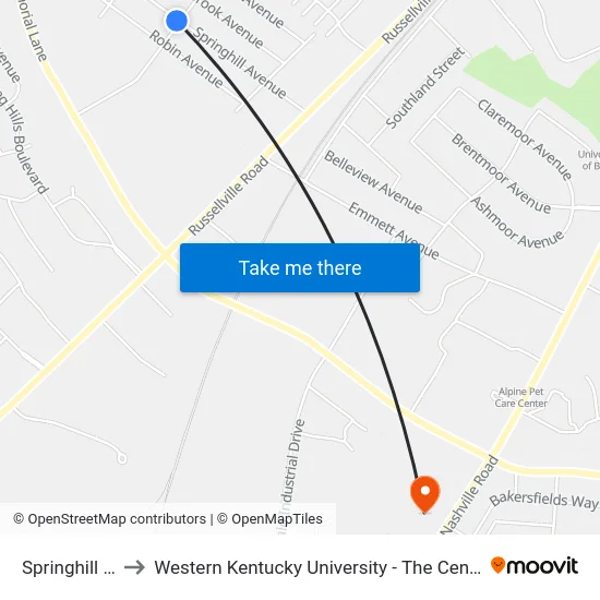 Springhill @ Hickory to Western Kentucky University - The Center for Research & Development map