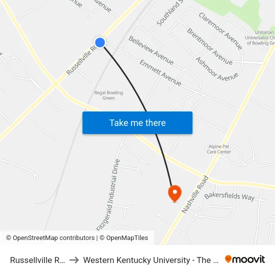 Russellville Rd @ Emmett Dr to Western Kentucky University - The Center for Research & Development map