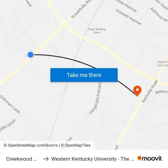 Creekwood @ Russellville Rd to Western Kentucky University - The Center for Research & Development map