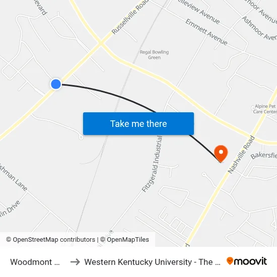 Woodmont @ Russellville Rd to Western Kentucky University - The Center for Research & Development map