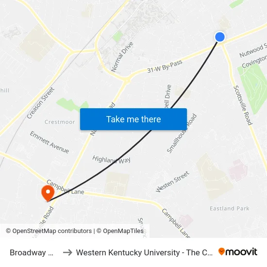 Broadway @ Chase Bank to Western Kentucky University - The Center for Research & Development map