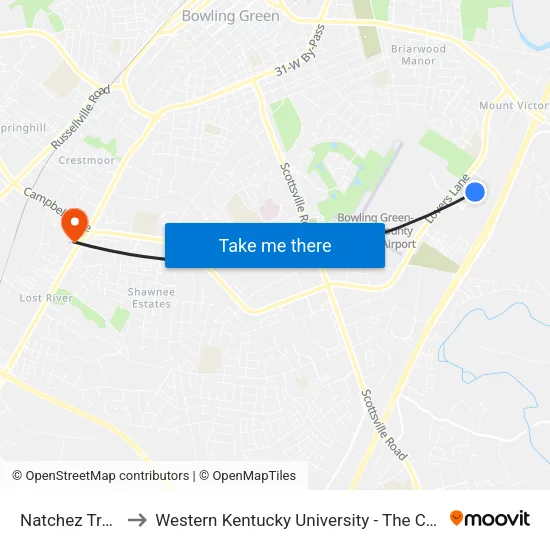 Natchez Trace @ Wkona to Western Kentucky University - The Center for Research & Development map