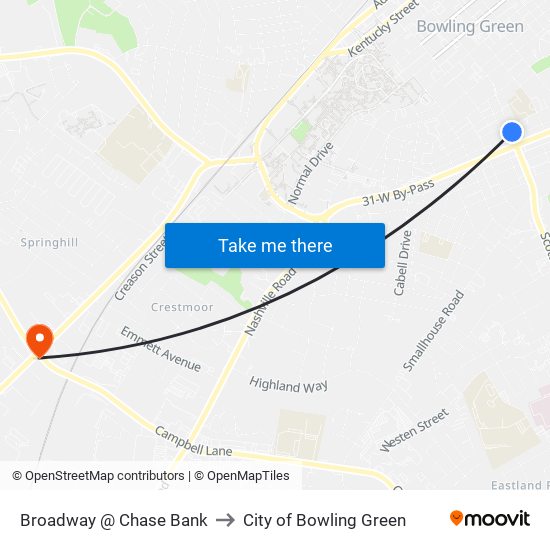 Broadway @ Chase Bank to City of Bowling Green map