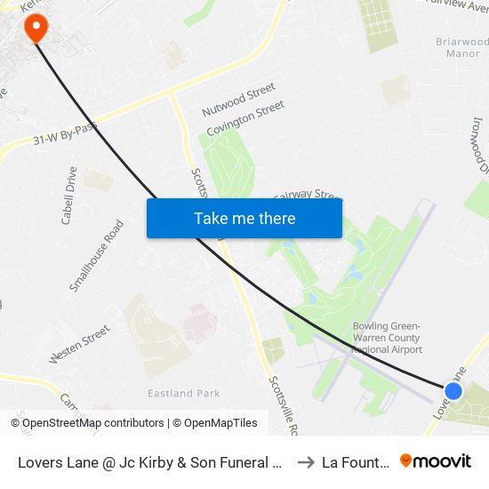 Lovers Lane @ Jc Kirby & Son Funeral Home to La Fountain map