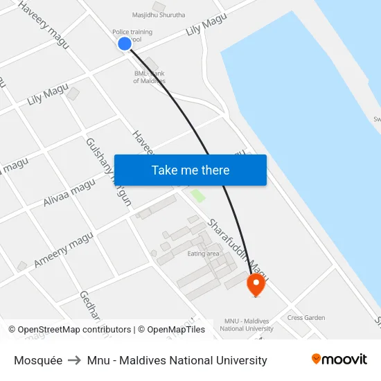 Mosquée to Mnu - Maldives National University map