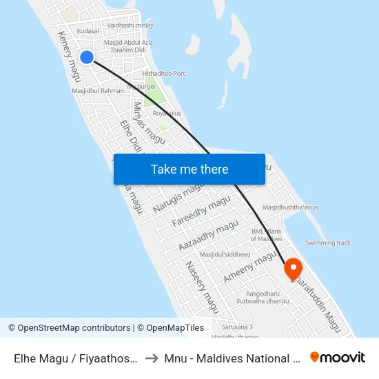 Elhe Magu / Fiyaathoshi Goalhi to Mnu - Maldives National University map