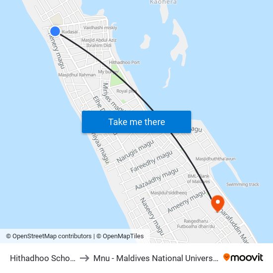 Hithadhoo School to Mnu - Maldives National University map