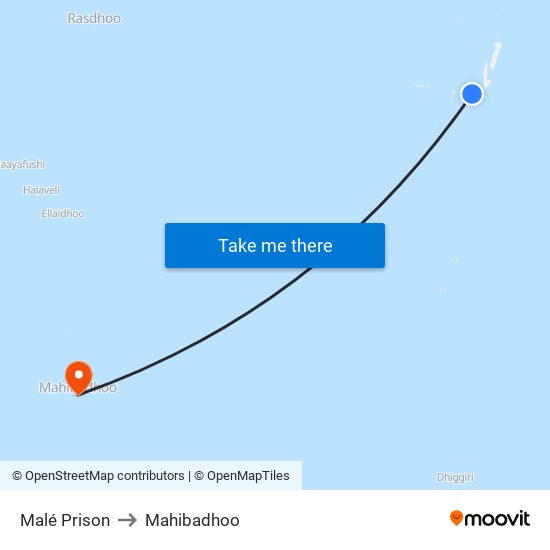 Malé Prison to Mahibadhoo map