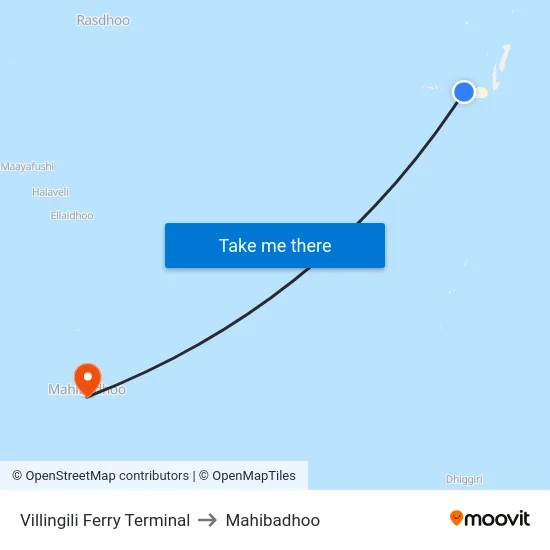 Villingili Ferry Terminal to Mahibadhoo map