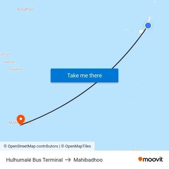 Hulhumalé Bus Terminal to Mahibadhoo map