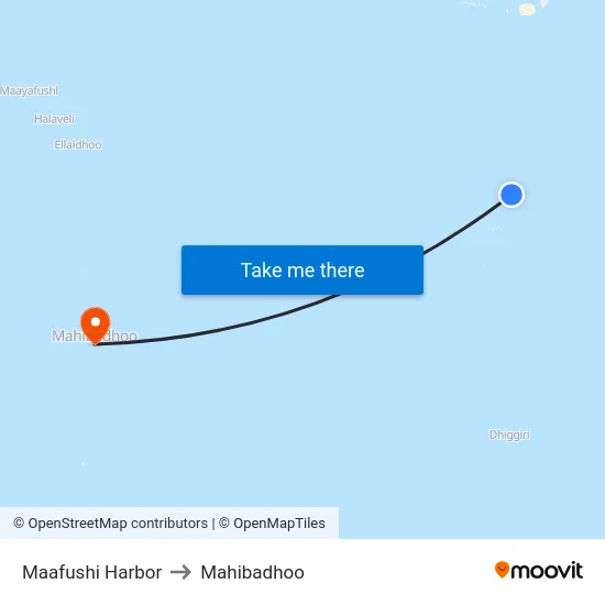 Maafushi Harbor to Mahibadhoo map