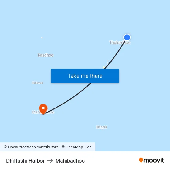 Dhiffushi Harbor to Mahibadhoo map