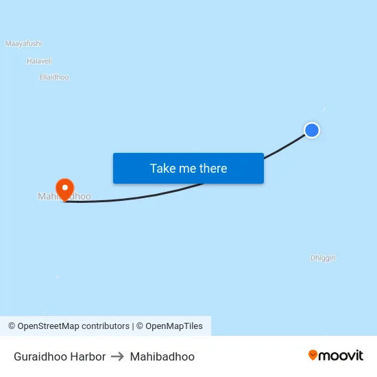 Guraidhoo Harbor to Mahibadhoo map