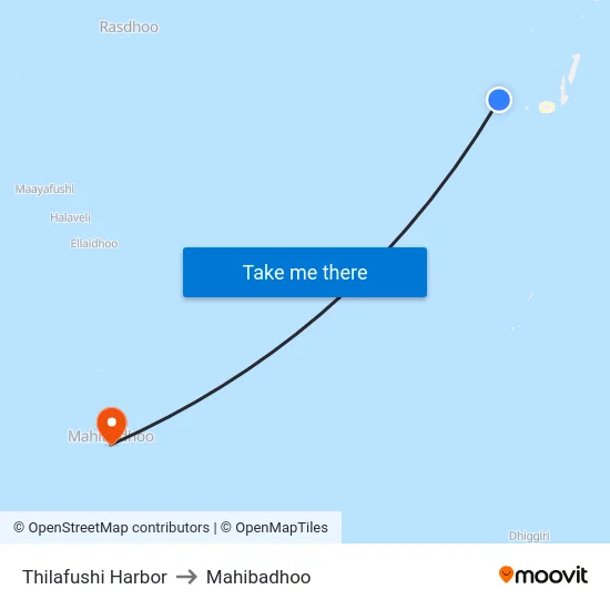 Thilafushi Harbor to Mahibadhoo map