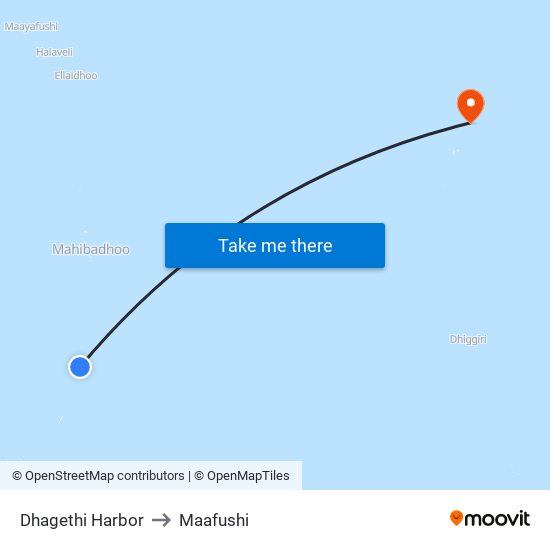 Dhagethi Harbor to Maafushi map