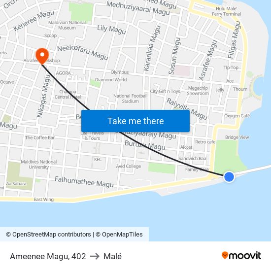 Ameenee Magu, 402 to Malé map