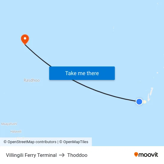 Villingili Ferry Terminal to Thoddoo map