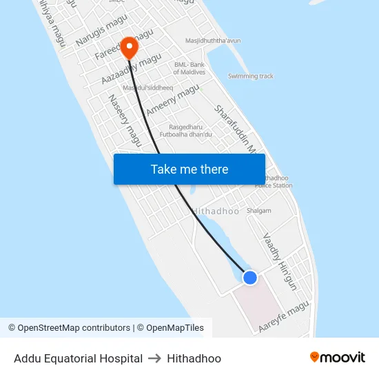 Addu Equatorial Hospital to Hithadhoo map
