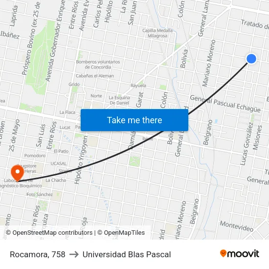 Rocamora, 758 to Universidad Blas Pascal map