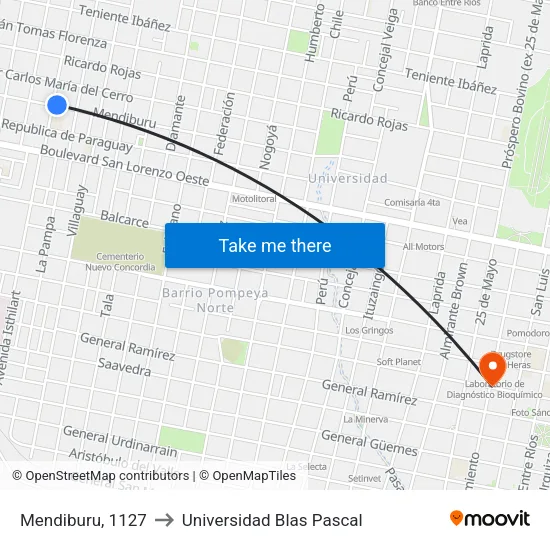 Mendiburu, 1127 to Universidad Blas Pascal map