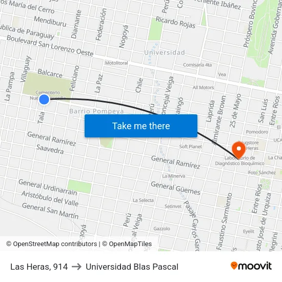 Las Heras, 914 to Universidad Blas Pascal map