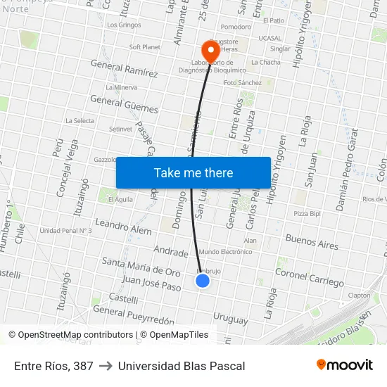Entre Ríos, 387 to Universidad Blas Pascal map